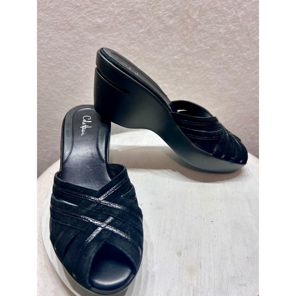 Cole Haan Nike Air Black Suede Patent Leather Platform Wedge Sandals 8AA D22311